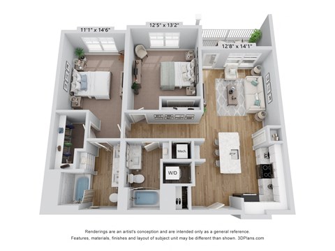 Floor plan for 2 beds, 2 baths, 1157 sqft